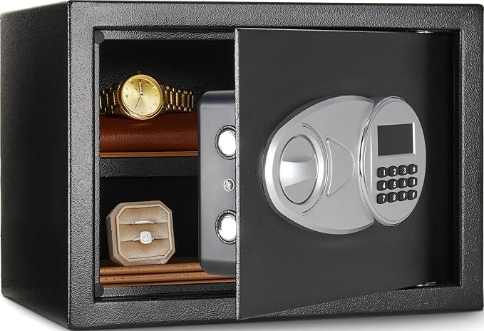 Amazon Basics Steel Security Safe and Lock Box with Electronic Keypad, Secure Documents Storage, Black, 0.5 Cubic Feet, 13.8"W x 9.8"D x 9.8"H, Removable Shelf