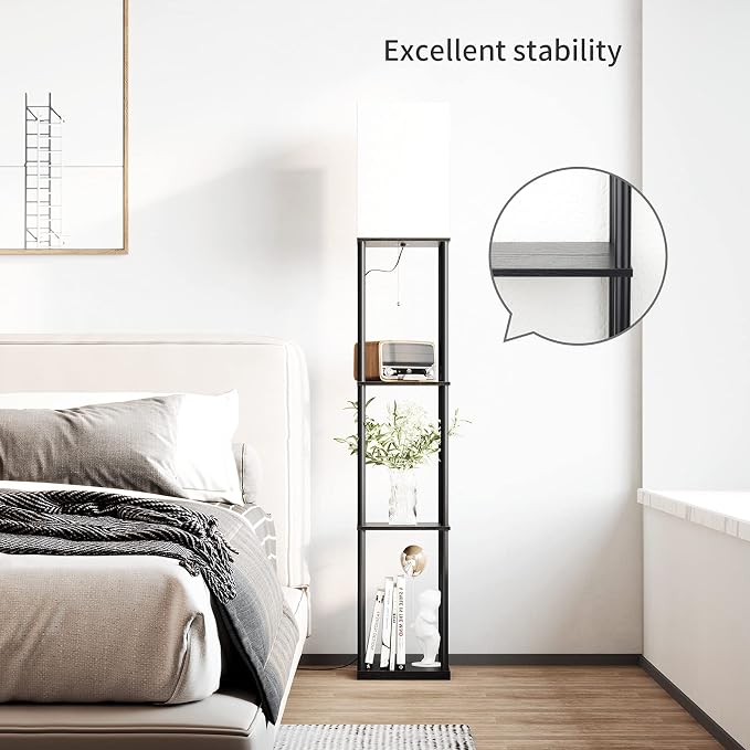 SUNMORY Floor Lamp with Shelves, Standing Lamps for Living Room, Black | 3 CCT LED Bulb Include, 4-Tier Display Bookshelf, 63" Tall Corner Shelf Lamp, Modern Style for Bedroom, Office, Home Decor