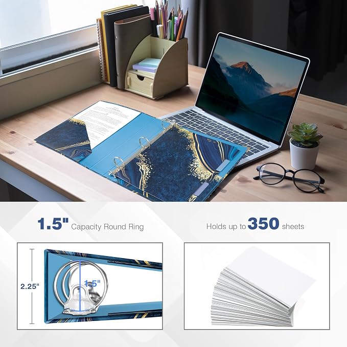 Ospelelf 3 Ring Binder, 1.5 Inch, Letter Size (11" x 8.5") with 5 Tab Dividers, File Folder Labels and Low Profile Clipboards, Blue Marble Binder for School and Office Supplies