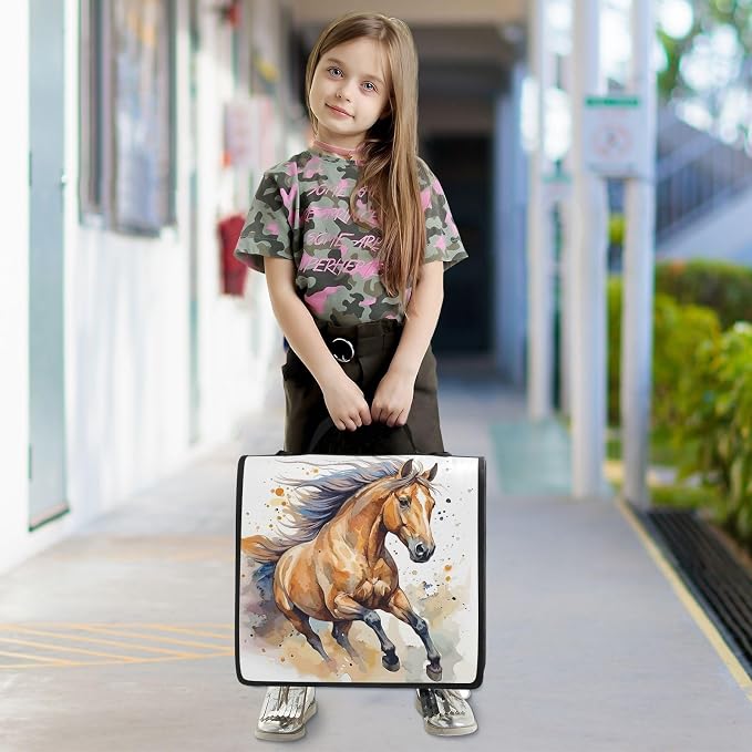 3 Ring Zipper Binder with Shoulder Strap Horse Watercolor 2 Inch Zippered Binder Bag 500 Sheet Capacity Multi Pockets for School Supplies