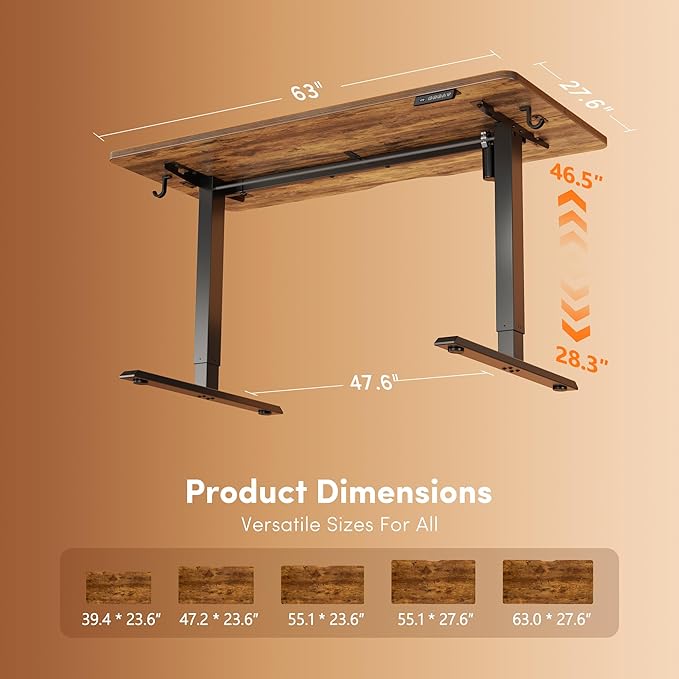 DESINO Standing Desk, 63 × 28 Inches Electric Height Adjustable, Sit and Stand Up, Computer Office Desk with Splice Board, Black Frame/Rustic Brown TOP