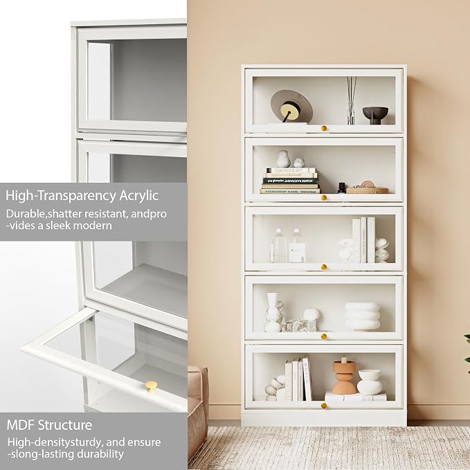 Display Cabinet with Acrylic Glass Doors,5-Tiers Curio Cabinet with LED Lighting for Collectibles, Collectibles Toy Organizers Rack & Display Shelf Display Case Storage Cabinet, White