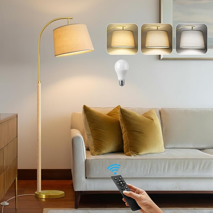 G-SAFAVA Real Wood Floor Lamps for Living Room Bedroom, 62.5" Mid Century Modern Lamp Gold Standing Tall Arc Lamps with Foot Switch, Floor Lamps for Nursery Office Decor Corner Reading Room Light