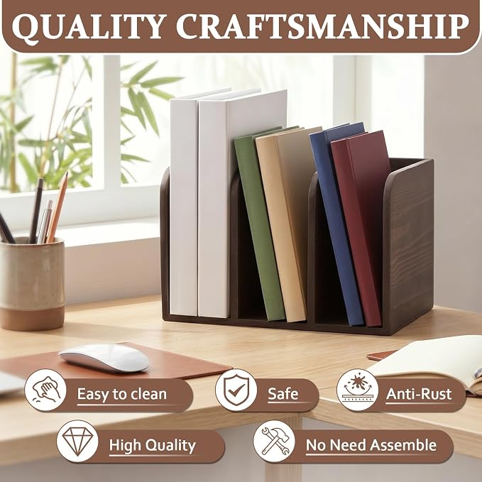 Novabright Walnut Color Pine Wood File Magazine Holder Desk Organizer, 3 Vertical Compartments Workspace Sorters for Magazines, Notebooks, Envelopes