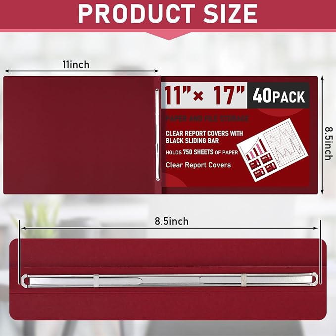 Resurhang 40 Pcs 11x17 Inch Pressboard Report Cover, 3" Capacity Presentation Binder Folder with Metal Prong Paper Fastener to Neatly Bind Reports Proposals Transcripts, Other Documents (Burgundy)