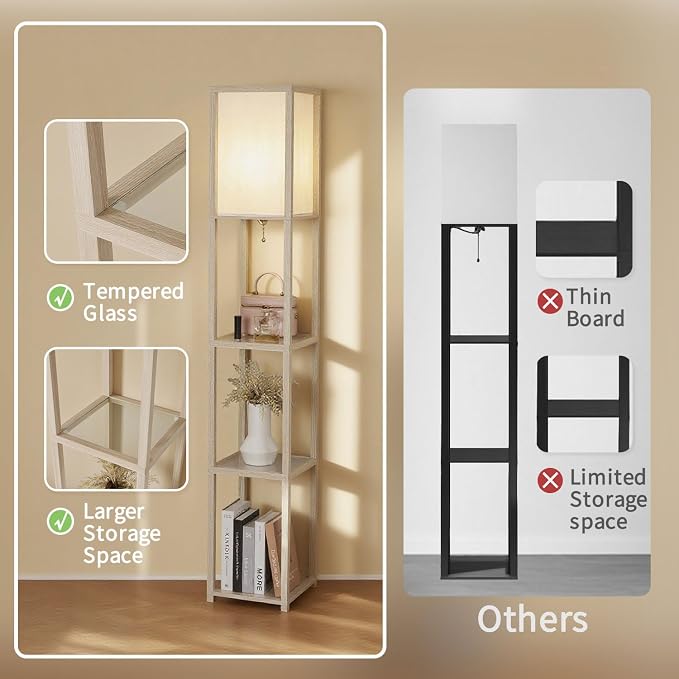 Floor Lamp with Shelves, Modern Square Standing Lamp with Glass Shelves, Corner Display Shelf with Light, Tall Lamp with Shelves for Living Room, Bedroom, Office, Bookshelf