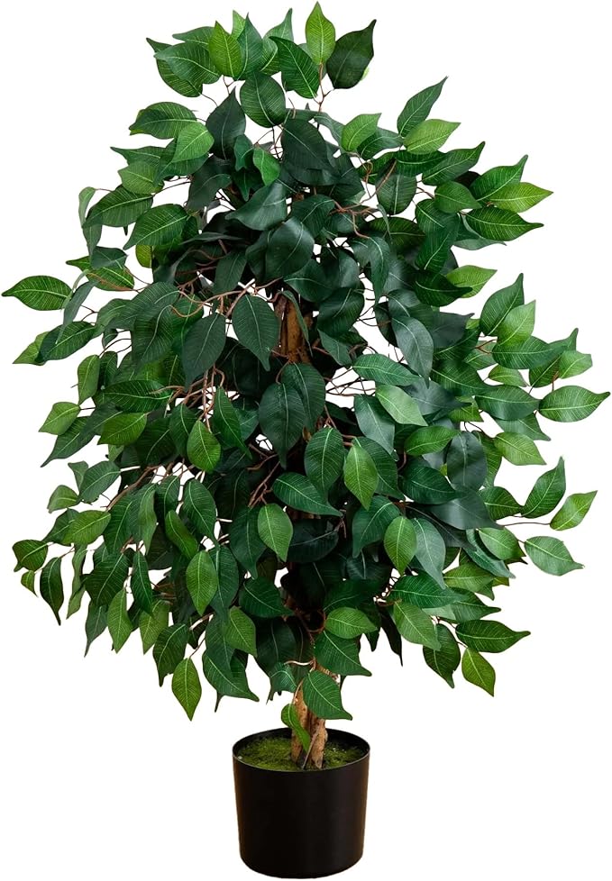 Nearly Natural 3 ft Artificial Ficus Tree with Natural Wood Trunks | Triple-Trunk Faux Ficus Tree, 378 Lifelike Leaves, Maintenance-Free, Black Nursery Pot, Indoor Home and Office Decor