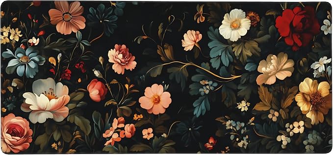 Floral Aesthetic Rose Gaming Mouse Pad, Black Dark Botanical Desk Mat with Anti-Slip Base & Stitched Edges, Office & Home Desk Decor for Women, 35.4" x 15.7" in Computer Desktop Mat