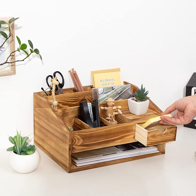 Wood Desk Drawer Organizers with File Organizer Pen holder Decor combo for Desk Organization, Office Desks, Home can arrange calculators, scissors, pens, note papers, etc. (Baked color)