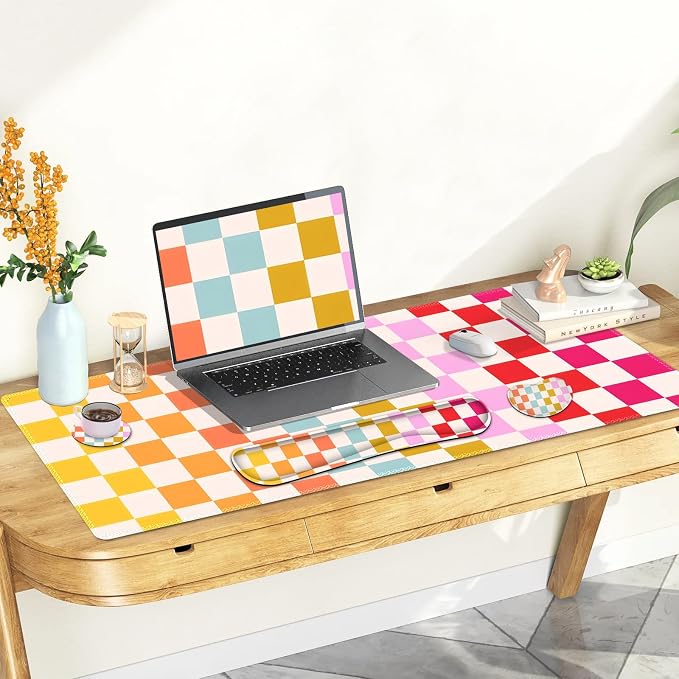 Large Gaming Mouse Pad Set, 4 in 1 Ergonomics Keyboard Desk Mat with Memory Foam Wrist Rest, Computer PC Extended Game Mousepad, Non-Slip Desk Matt Easy Typing Pain Relief I Colorful Checkered