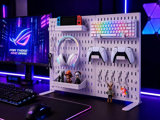 Gaming Desk Organizer, No-Drill Freestanding Desk Pegboard with Headphone Stand, Controller Holder, Keyboard Stand & Shelves, 5-in-1 Gaming Setup Accessories for Dorm Room & Home Office, White