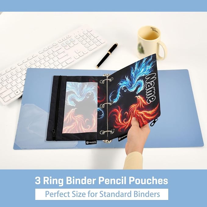 Custom Dragon Phoenix Pencil Pouch for 3 Ring Binder, 2 Pack Personalized Name Waterproof Pencil Bags Clear Window Pencil Case School Office Supplies