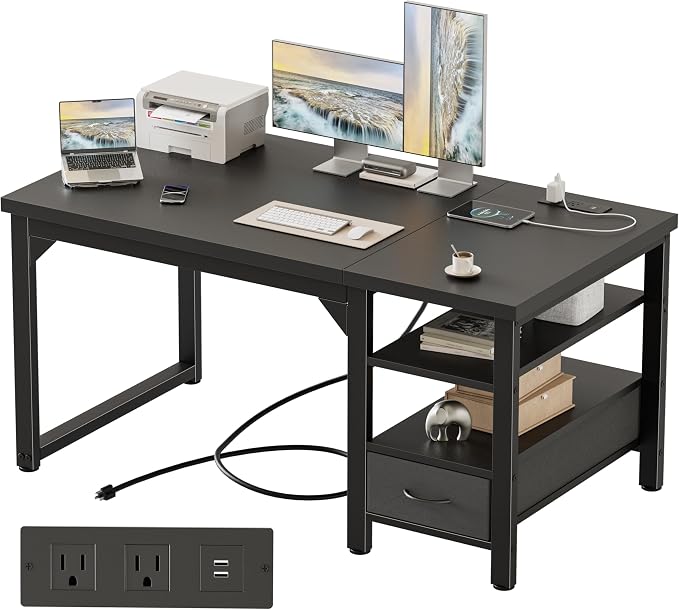 48" Computer Desk with Drawer, 1.2" Thick Reversible Office Desk | Modern Writing Table with Power Outlets & Storage Shelves, Heavy Duty Industrial Study Desk for Home Bedroom Work