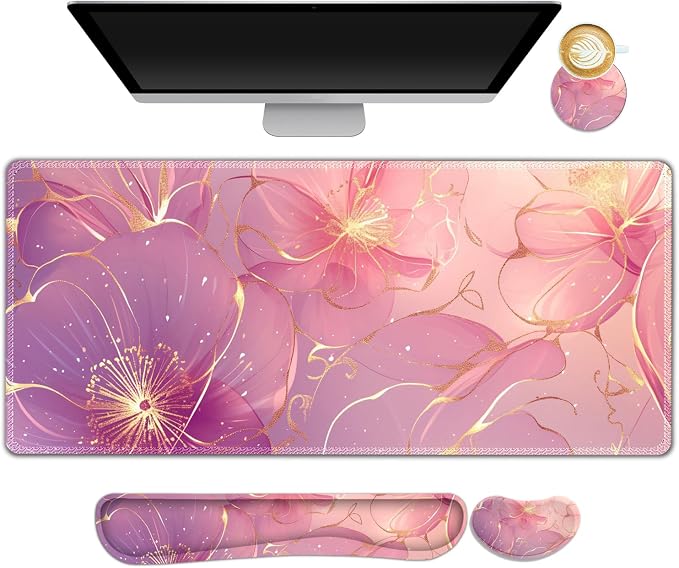 Desk Mat Pad, Gaming Mouse Pad Wrist Support Set, 4 in1 Non-Slip Large Mousepad + Ergonomic Keyboard Wrist Rest+Mouse Wrist Rest+Coaster for Home Office Computer I Pink Purple Gold Floral