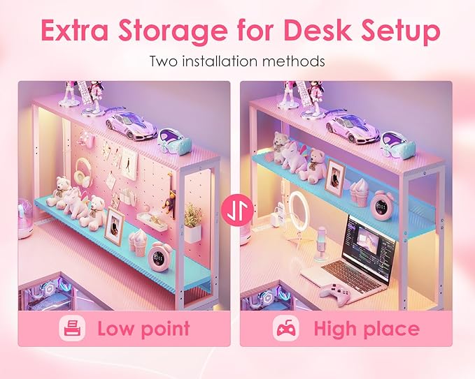 AODK L Shaped Desk Gaming Desk with LED Light & Power Outlet | 53 Inch Pink Reversible L Shaped Computer Table with Shelf & Storage Bag & Hook for Home Office