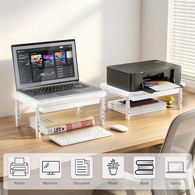 WALI Computer Monitor Stand with Storage, Monitor Riser 3 Height Adjustable | Laptop Riser with Airflow Vents, Desk Organizer for Computer, Printer, Notebook (PTT002-M), 1 Pack, Marble