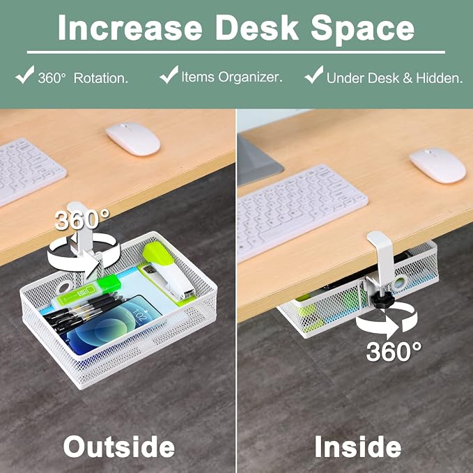 ROSYLINE Under Desk Storage Basket Hanging Drawer Tray, Clamp On Organizer | Thickened C-Clamp, High Load No Deformation Sag-Proof, Steel Construction, Clip-On No Drill Mount, Office & Household Storage