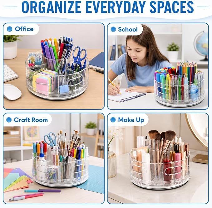CraftGenes Rotating Organizer, Clear Acrylic Pen Holder and Pen Organizer for Desk, Art Supply Organizer and Marker Organizer, 7 Removable Compartments for Office Supplies, Classroom, Craft Room
