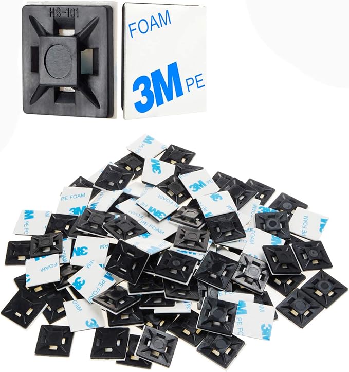 XHF 100 PCS 1.1" Black Self Adhesive Cable Zip Tie Mounts Wire Cable Clips Holders Management Anchors Organizer Holders Squares(HS-102)