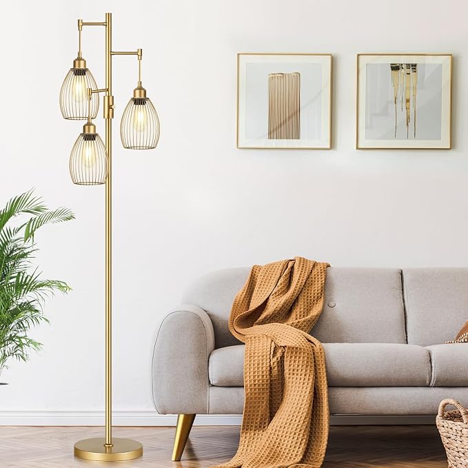 Dimmable Floor Lamp, Industrial Floor Lamps for Living Room, Gold Tree Lamp Standing Lamp Tall Lamps with 3 Elegant Teardrop Cage Head & 800 Lumens LED Bulbs for Living room Bedroom Office Dining Room
