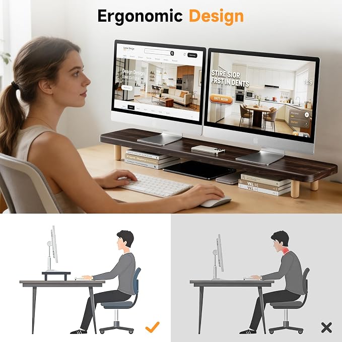 Dual Monitor Stand Riser, 39 Inch Extra Long Wooden Desktop Monitor Riser with Storage for 2 Monitors Ultra Strong Desk Shelf Organizer Riser Ergonomic for 2 Screens/Laptop/PC/TV/Printer (Dark Walnut, 39inches)