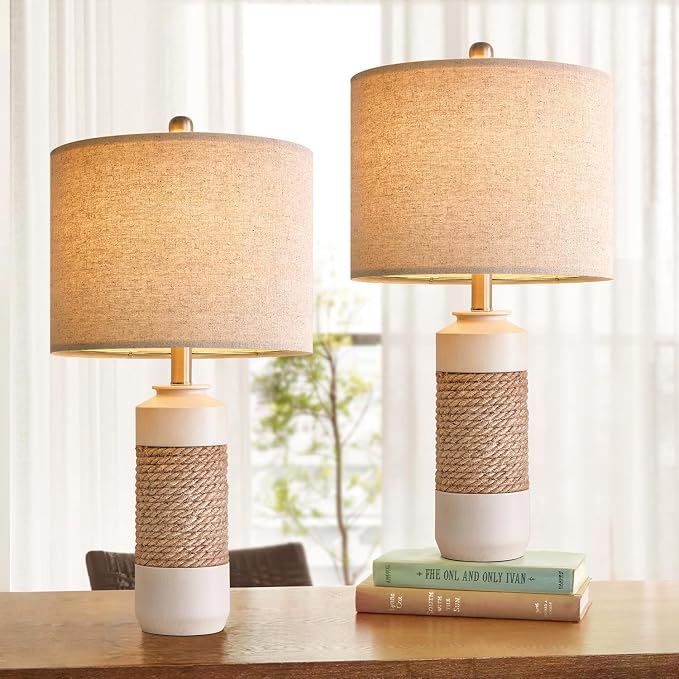 23.75" Bedside Table Lamps Set of 2 for Sleeping and Reading, Vintage Farmhouse Rattan Table Lamp Antique White Resin Lamp for Decoration, Office Living Room Bedside Table