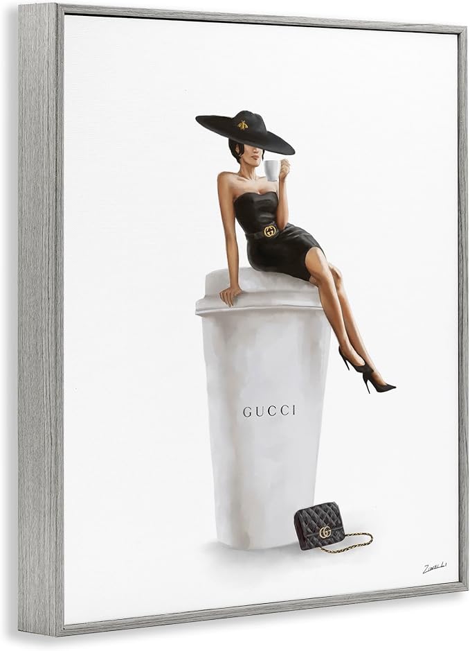 'Fashion Female Pose on Coffee'| Framed Giclee Art | Stupell Industries | Gray, 11 x 14 Inches, Easy to Hang and Sturdy, Made in USA, by Ziwei Li