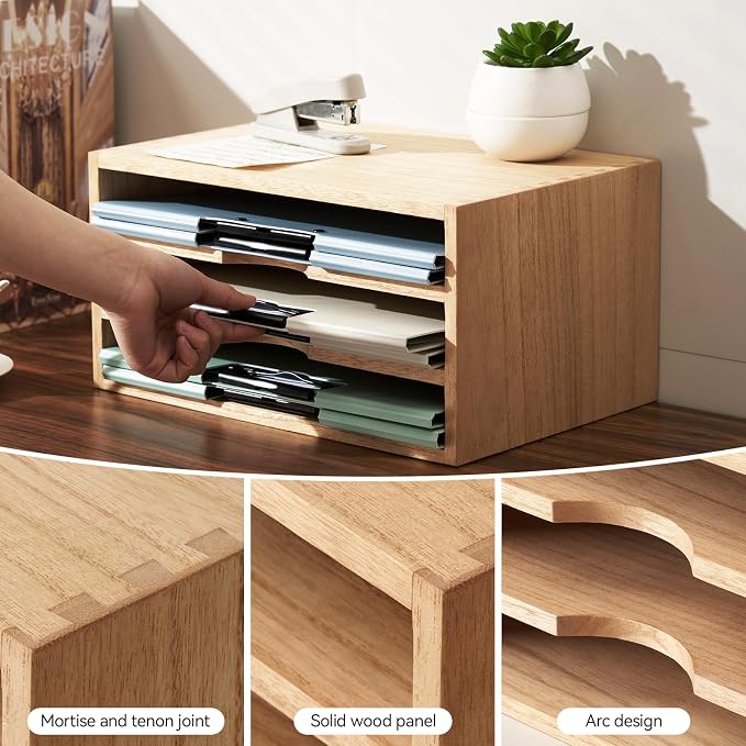 KIRIGEN Wooden Desk Organizer 3-Tier Letter Tray and Paper Sorter, Natural | Solid Wood Paper Tray Document Holder Organizer for Letters, Files, Folders, Mail, Magazines and Office Supplies