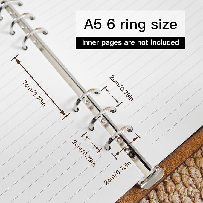 Refillable A5 Leather Binder Notebook, Reusable Leather Journal, Vintage Organizer with 6-Ring Metal Binder, for Writers Business Work Study College and Daily (No inner pages)