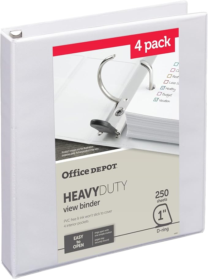 Office Depot® Heavy-Duty View 3-Ring Binder, 1" D-Rings, 49% Recycled, White, Pack of 4