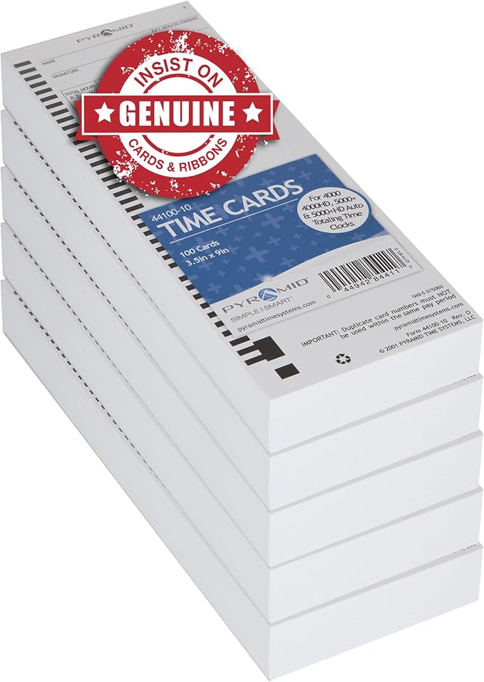Pyramid Time Systems 44100-10PK5 500 Count Genuine Time Cards | Authentic Time Cards for 4000, 4000Pro, 4000ProK and 5000 Series Time Clocks From Pyramid, White, 3.5 by 9 Inches