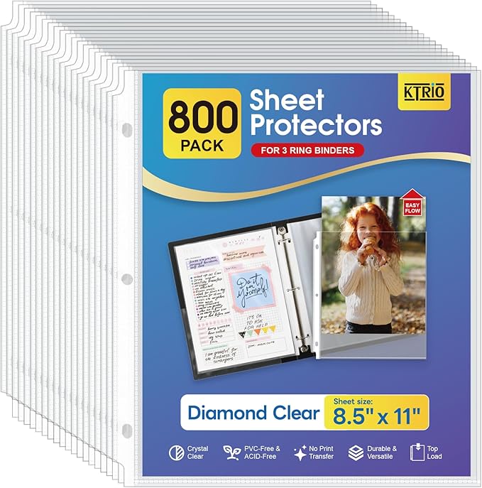 KTRIO Sheet Protectors for 3 Ring Binder 800 Pack, Plastic Sleeves 8.5 x 11 | Clear Page Protectors, Acid-Free Plastic, Fits Letter Size Paper Documents, Top Loading, Business Office School Supplies