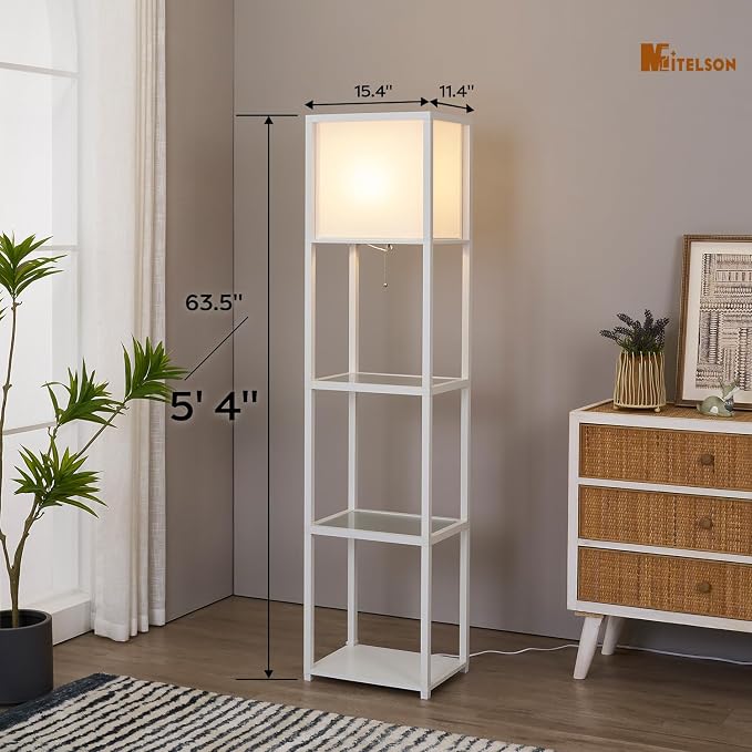 Floor Lamp with Shelves, Modern Standing Lamp with Tempered Glass, Large Display Shelf Lamp, Tall Lamps with Shelves for Living Room, Bedroom, Office, White