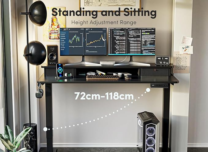 FEZIBO 48 x 24 Inch Height Adjustable Electric Standing Desk with Double Drawer, Computer Desk, Home Office Stand Up Table with 4 Height-Adjustable Feets & 2 Hooks, Black