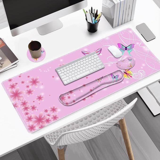 Pink Butterfly Desk Mat, Florals 4 in1 Large Gaming Mouse Pad Set, Ergonomics Keyboard Pad with Memory Foam Wrist Rest, Extended Game Mousepad Non-Slip Desk Protector Matt Easy Typing Pain Relief