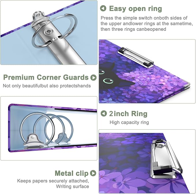 Rouidr 3 Ring Binder, 2 Inch Round Ring Binder Organizer with Clipboard, 5 Dividers Tabs, A4 8.5 x 11 Inch Paper & Clear Sleeves for School, Office Supplies