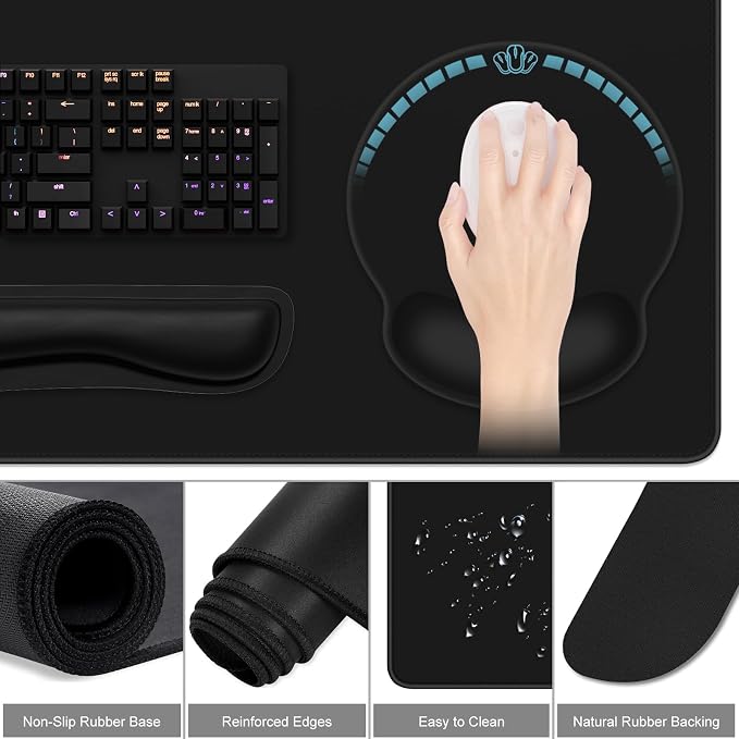 Dapesuom Large Gaming Mouse Pad, Black Mouse Pads with Wrist Rest Wrist Support, 4in1 Big XXL Desk Mat Desk Pad + Ergonomic Mousepad + Memory Foam Keyboard Mat Wrist Rest + Coaster Set for Computer