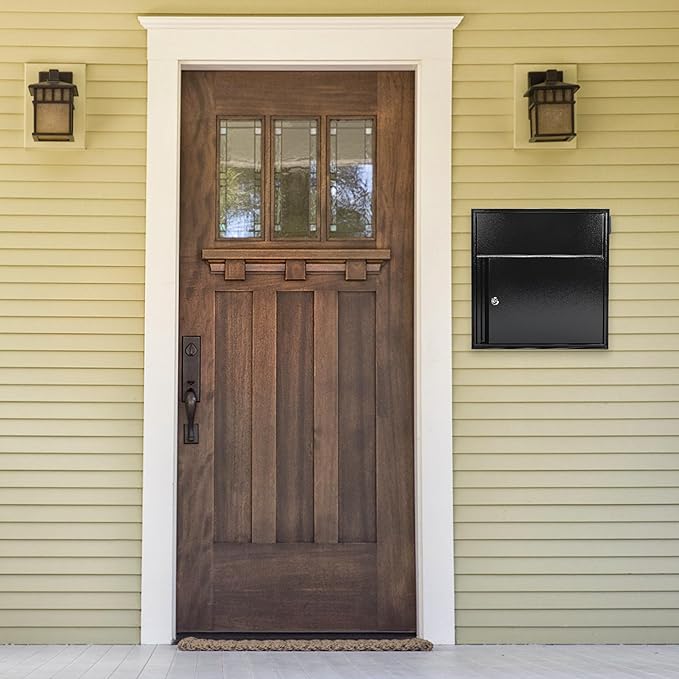 Large Wall Mount Mailbox with Lock and Outgoing Mail Flag for Outside, Steel Locking Security Mail Box with Number Stickers for House Outside, 14.8" x 6.9" x 15.4", Rainproof, Black