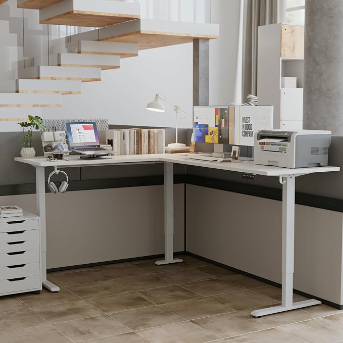 Agilestic 75 x 61 Inch L Shaped Electric Standing Desk, White | Corner Desk, Ample Workspace, Memory Presets, Hooks, Stable Steel Frame,176 lbs Capacity, Easy Assembly, Splice Board