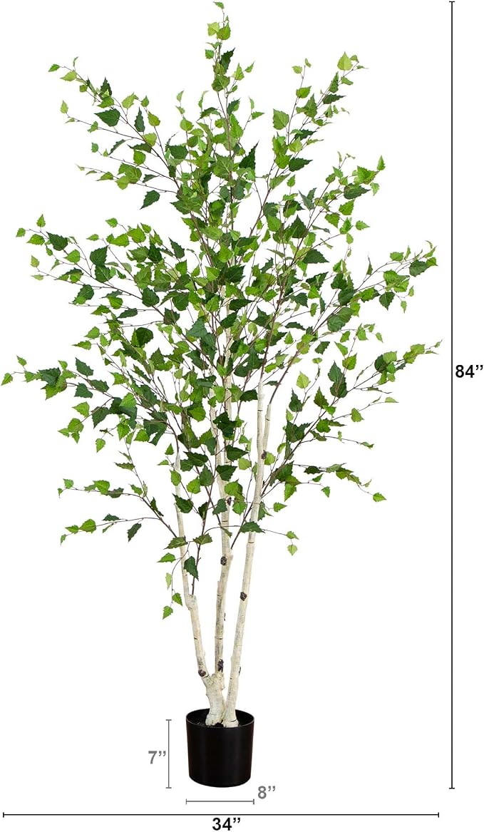 Nearly Natural 7 ft Artificial Birch Tree with Real Touch Leaves | Nature-Inspired Design, Light-Hued Bark, Nursery Planter Included, Realistic Home and Office Decor