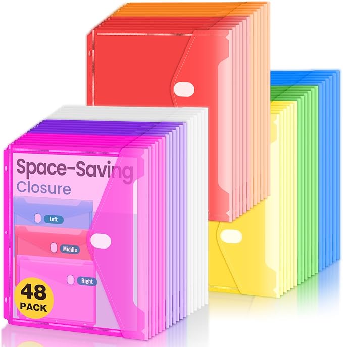 Sooez 48 Pcs Binder Folders Organizer with Staggered Closure, Letter Size | Heavy Weight Binder Pockets for 3 Ring Binders, Space-saving, High Capacity Binder Pouch Sleeves, School Supplies, 8 Colors