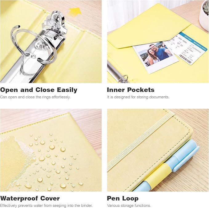 Ospelelf Vintage Hardcover 3 Ring 1 inch Leather Binder, Professional Binder Organizer Suitable for Letter Size, Binder Dividers with Tabs, Light Yellow