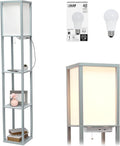 Simple Designs LF1037-GRY-LB Three Shelf Etagere Organizer Storage Floor Lamp with 2 Dual USB Ports and Charging Outlet, Gray, with Feit LED Bulb Included