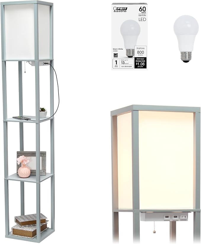 Simple Designs LF1037-GRY-LB Three Shelf Etagere Organizer Storage Floor Lamp with 2 Dual USB Ports and Charging Outlet, Gray, with Feit LED Bulb Included