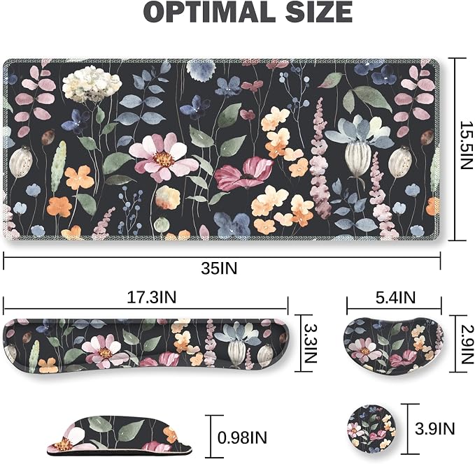 Gaming Mouse Pad Wrist Support Set, XXL Large Desk Mat Mousepad + Keyboard Wrist Support+ Mouse Wrist Rest+Coaster 4in1 Ergonomic, Memory Foam, Stitched Edge for Home Office -Flowers Plants