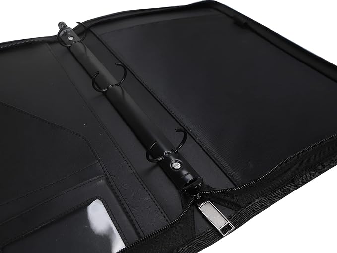 Zippered Portfolio Binder 3 Ring with Writing Pad Legal Size Letter - PU Leather Professional Padfolio Folder for Interview Business, Black