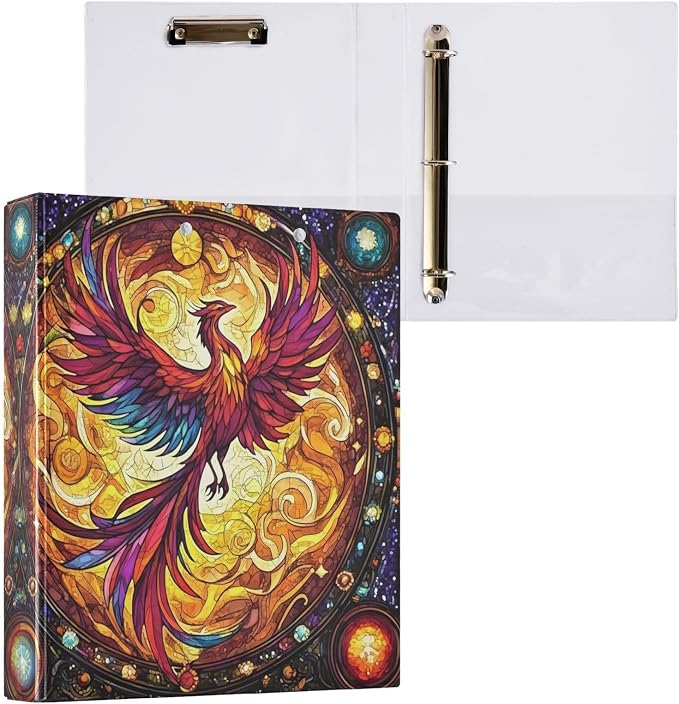 3 Ring Binder Phoenix Fire Wing Rainbow Glass 1.5 inch Binders Three Ring Binders with Clipboard Fit 8.5'' x 11'' Paper 3 Interior PVC Clear Pockets for Office Supplies