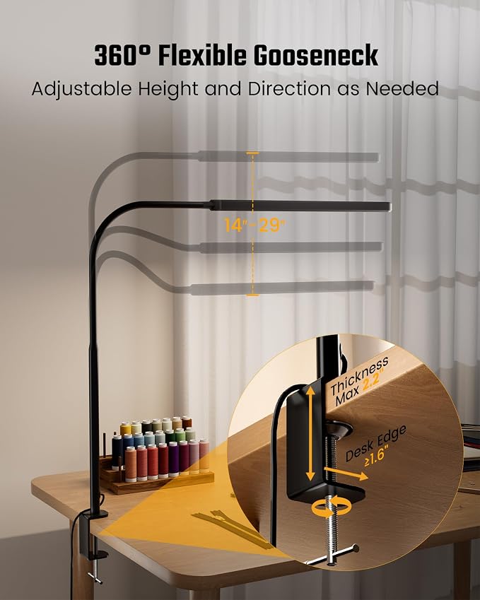 SUPERDANNY Eye-Caring LED Desk Lamp Work Lamp Office Lamp with Side Clamp | Black, Touch Control, 360° Flexible Gooseneck, 3 Modes Smooth Dimming, Memory Function, Adapter, Metal, for Home Office Dorm