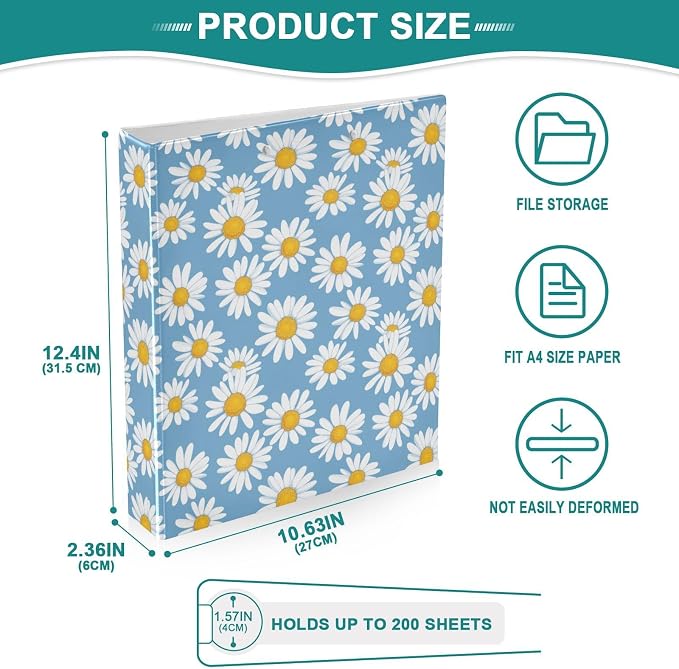 Flower Daisies Floral 1.5 Inch 3 Round Ring Binders with Pocket Clip, Holds 200 Sheets Documents for Office Classroom Student Organization Hard d Ring Binders with Printed