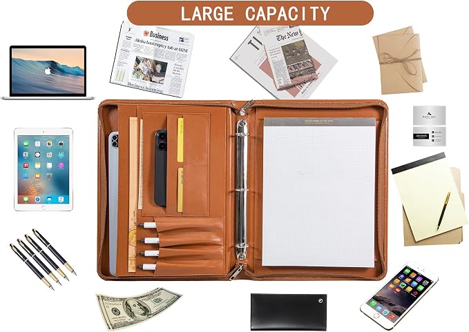 AZXCG Zipper Portfolio Padfolio Binder,3 Ring Padfolio for Women and Men,Business Portfolio Organizer for Women with A4 Writing Pad Holder,Business Portfolio for Meeting,Business,School,Work